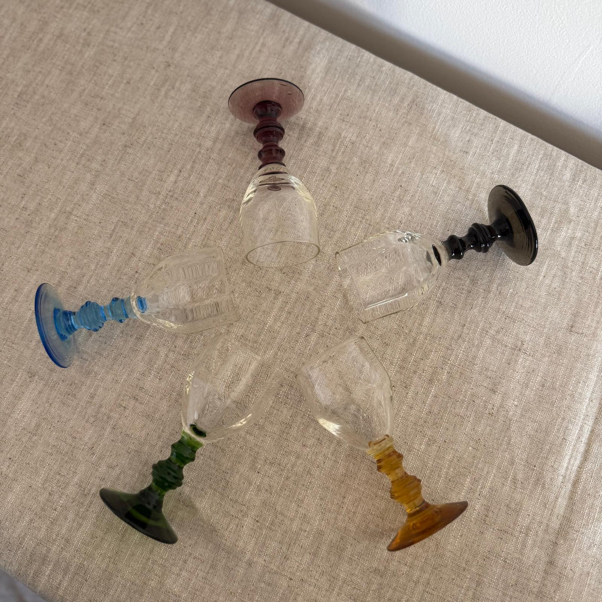 Set of 5 Vintage Harlequin Coloured Stem Liqueur Glasses