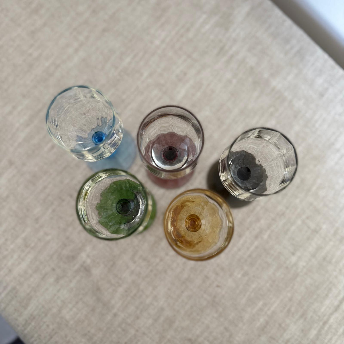 Set of 5 Vintage Harlequin Coloured Stem Liqueur Glasses