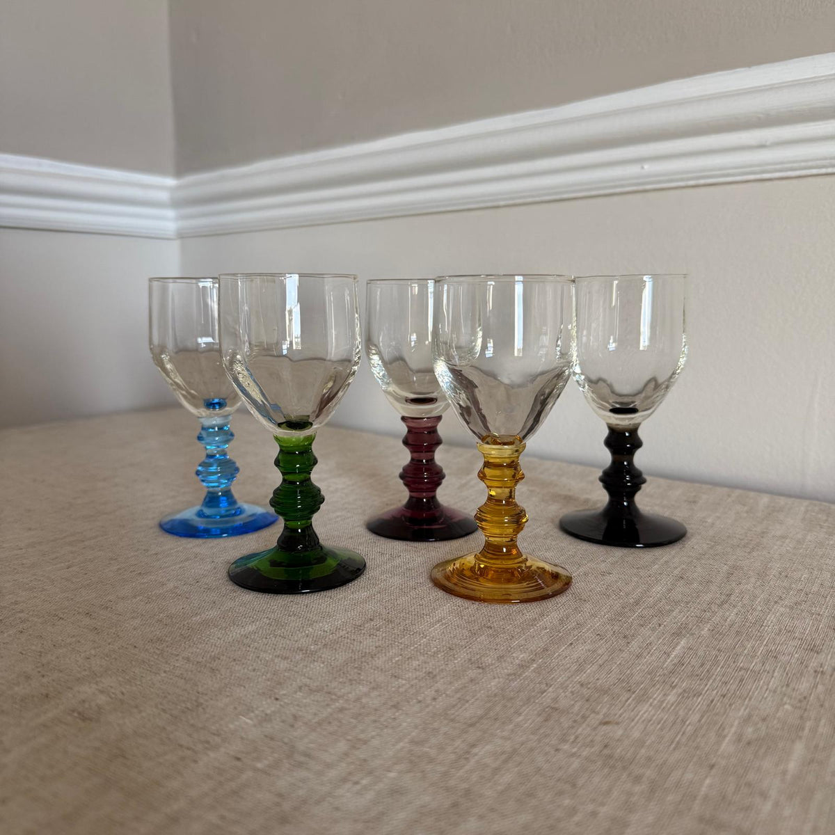Set of 5 Vintage Harlequin Coloured Stem Liqueur Glasses