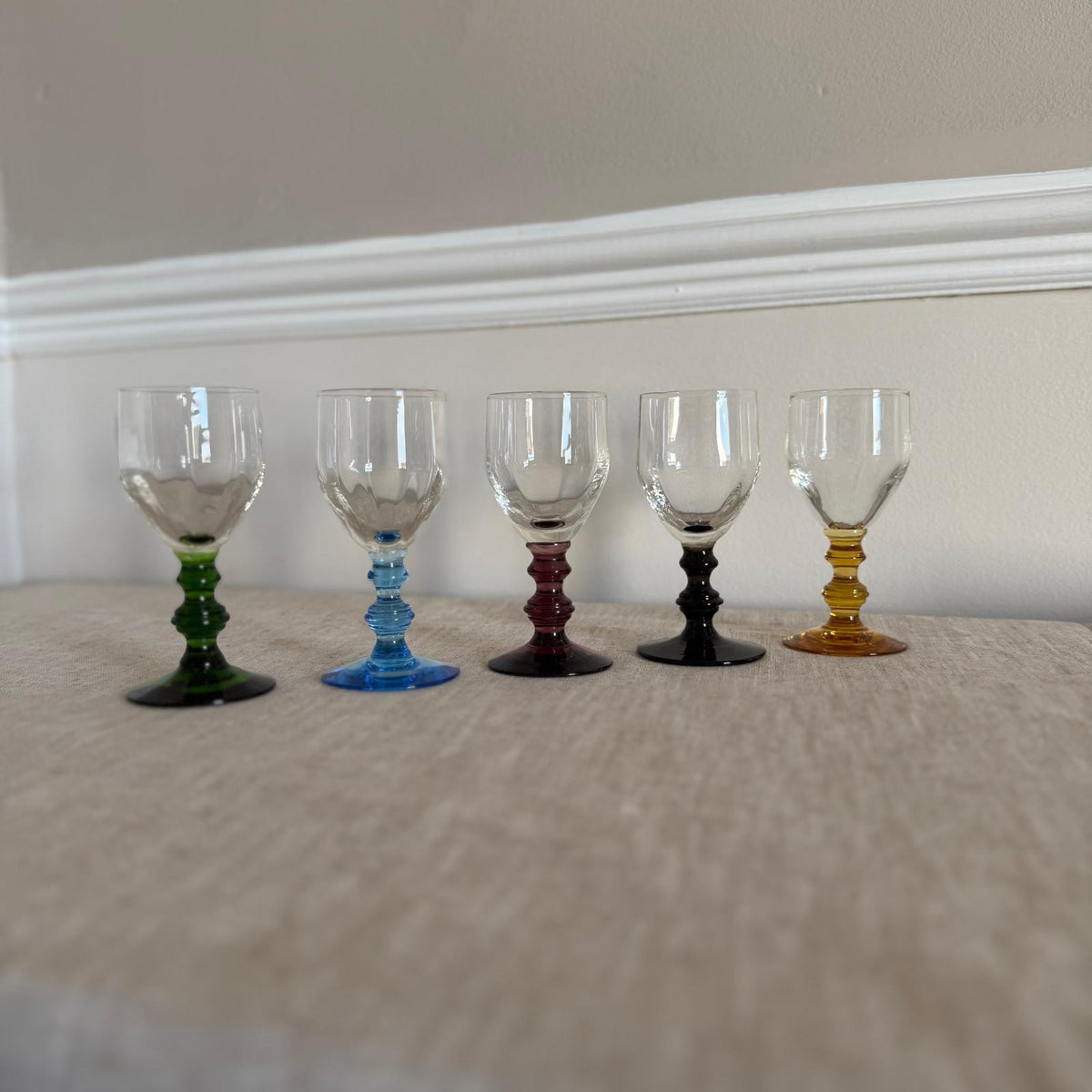 Set of 5 Vintage Harlequin Coloured Stem Liqueur Glasses
